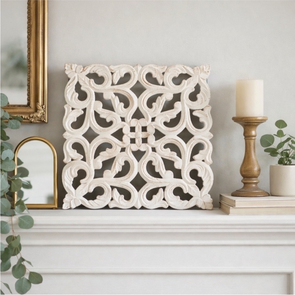 Decorative Trellis Carved Wood Decor Wall Panel in White
